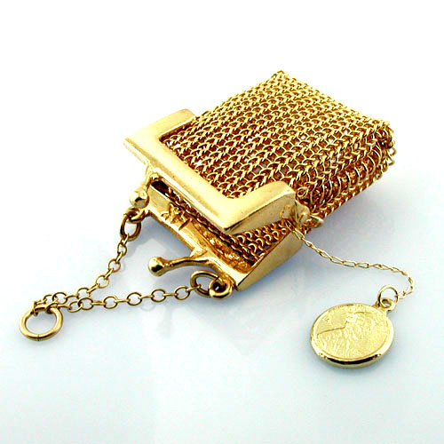Mesh Coin Purse with Lucky Penny Vintage 14K Gold Charm Pendant 