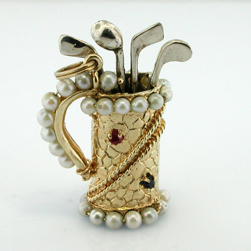 14K Gold Jeweled Pearl Golf Bag with Movable Clubs Vintage Charm Pendant