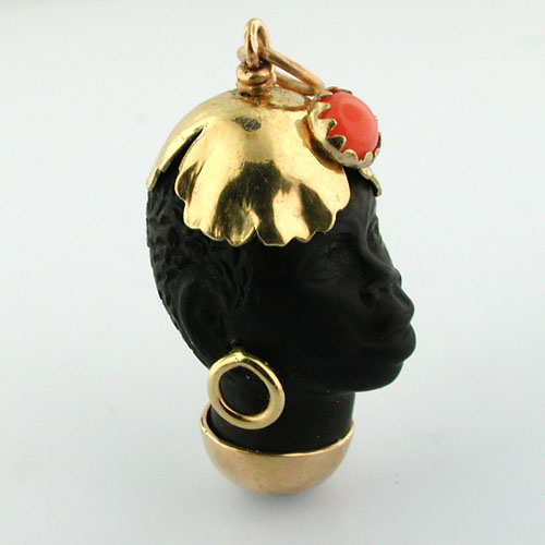 18K Gold Blackamoor Coral Vintage Charm Pendant
