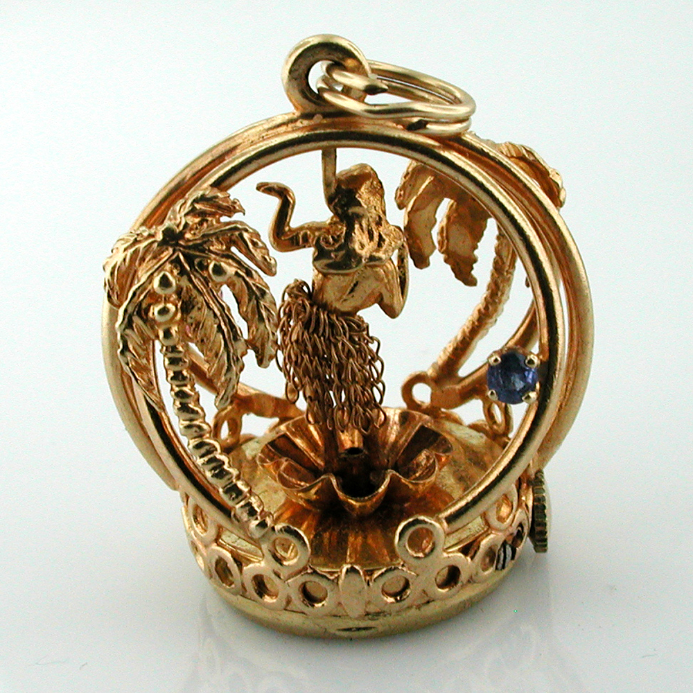 14K Gold Dankner Hula Girl Dancer Living Charm Mechanical Vintage Pendant