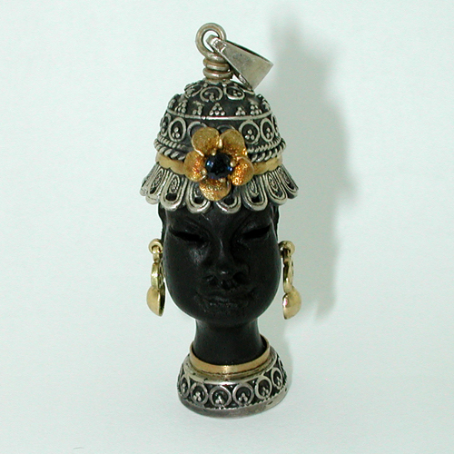 Jeweled Ebony Carved Blackamoor 18K Gold Sterling Vintage Charm Pendant