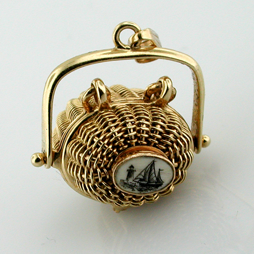 14k Gold Vintage Scrimshaw Nantucket Basket Charm Pendant with Lucky Penny