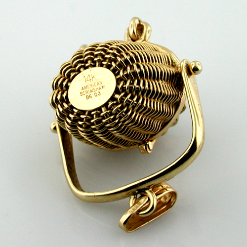 14k Gold Vintage Scrimshaw Nantucket Basket Charm Pendant with Lucky Penny