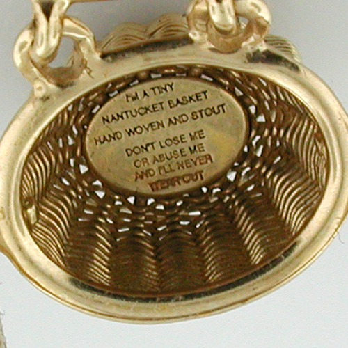 14k Gold Vintage Scrimshaw Nantucket Basket Charm Pendant with Lucky Penny