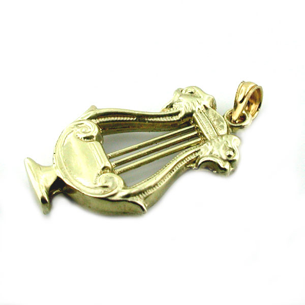 14k Gold Harp Lyre with Gargoyle Heads Vintage 3D Charm Pendant
