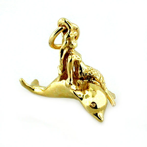 Mermaid Riding on a Dolphin 14k Gold Charm