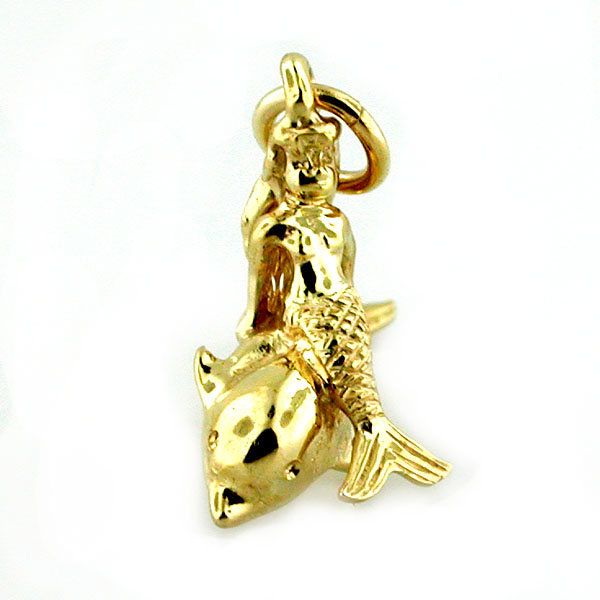 Mermaid Riding on a Dolphin 14k Gold Charm