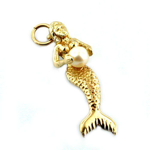 Mermaid Holding a Pearl 14K Gold Charm Pendant