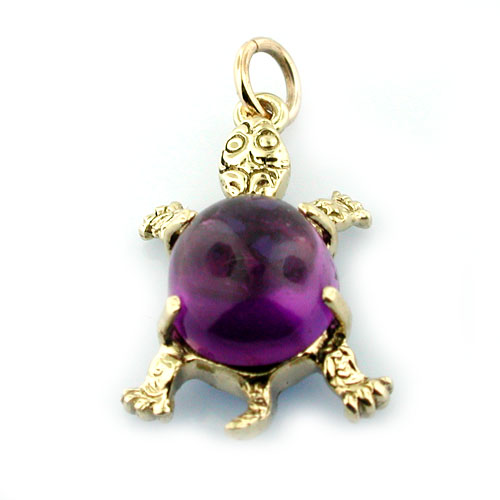 Cute Turtle Amethyst Cabochon Shell Vintage 14K Gold Charm 