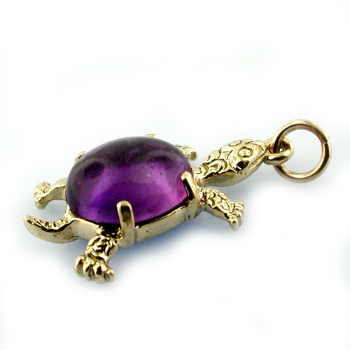 Cute Turtle Amethyst Cabochon Shell Vintage 14K Gold Charm 