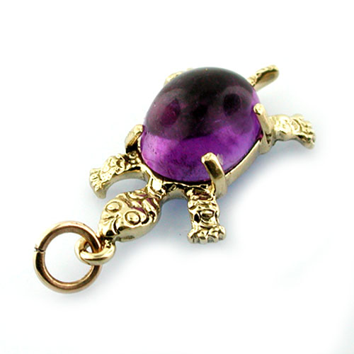 Cute Turtle Amethyst Cabochon Shell Vintage 14K Gold Charm 