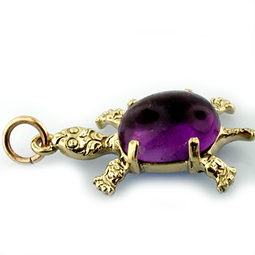 Cute Turtle Amethyst Cabochon Shell Vintage 14K Gold Charm 