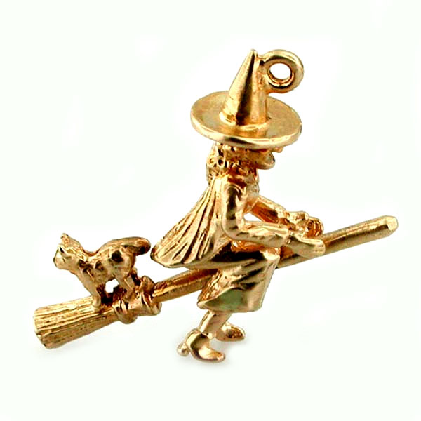  Witch & Cat on Broom Movable 14K Gold Charm