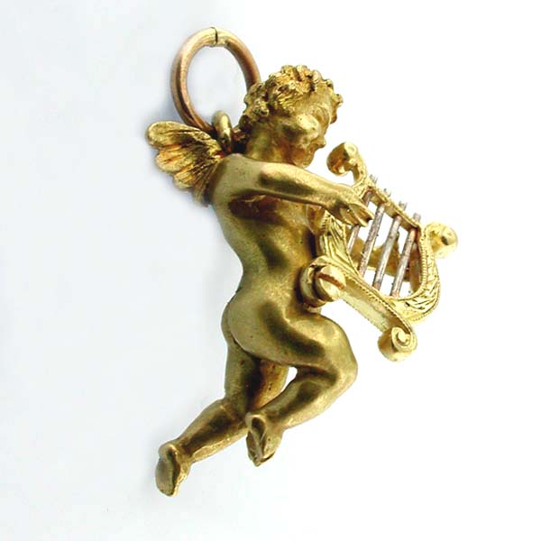 Cherub Angel Playing Harp Vintage 18K Gold Charm Pendant