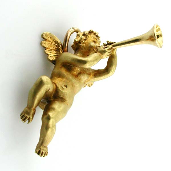 Cherub Cupid Angel Playing Horn Pendant Vintage 18K Gold Charm