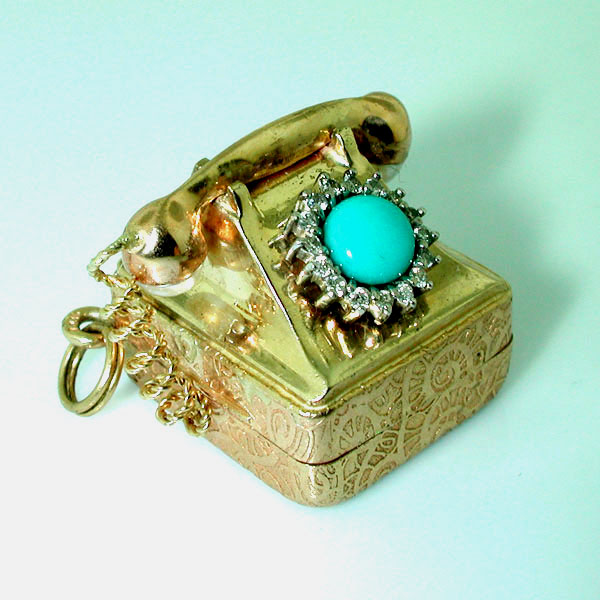 Vintage Rotary Dial Telephone Phone Music Box Diamonds Turquoise 14K