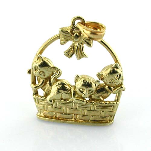 Kittens in a Basket 14K Gold Charm Pendant