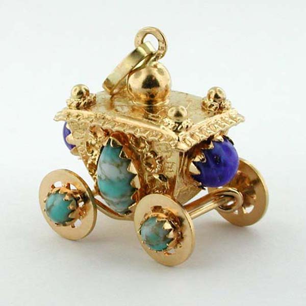 18K Gold Jeweled Royal Carriage Coach Vintage Movable Charm Pendant