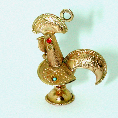 18K Gold Handmade Rooster Vintage Charm Pendant - Portugal