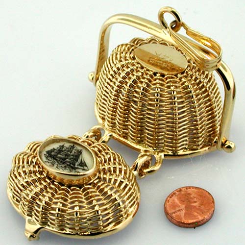 14k Gold Vintage Scrimshaw Nantucket Basket Charm Pendant with Lucky Penny