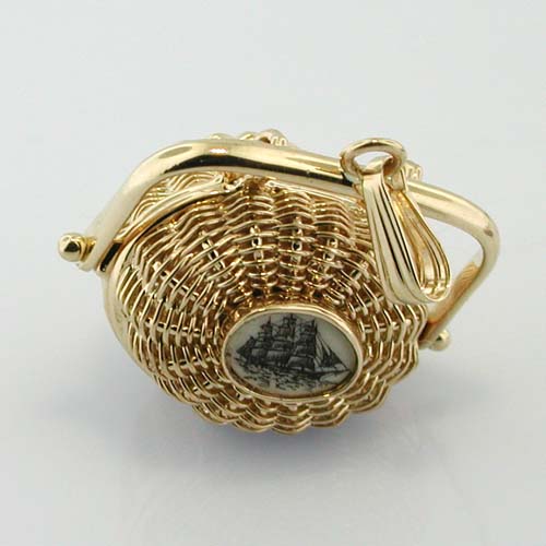 14k Gold Vintage Scrimshaw Nantucket Basket Charm Pendant with Lucky Penny