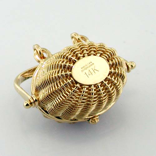 14k Gold Vintage Scrimshaw Nantucket Basket Charm Pendant with Lucky Penny