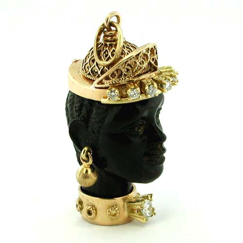 Black Coral Blackamoor Moretto 18K Gold Jeweled Diamond Vintage Charm Pendant