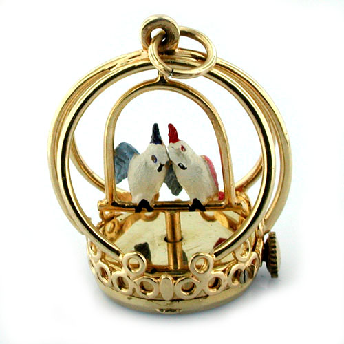 Vintage 14K Gold Spinning Love Birds Dankner Living Charm Mechanical Pendant