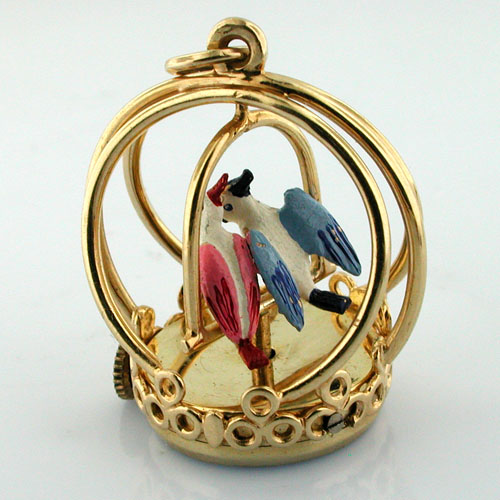 Vintage 14K Gold Spinning Love Birds Dankner Living Charm Mechanical Pendant