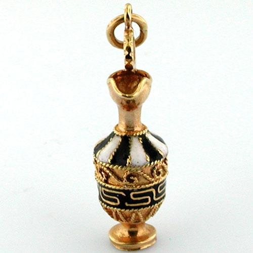 18K Gold Ornate Enamel Greek Design Vase Pitcher Charm Pendant