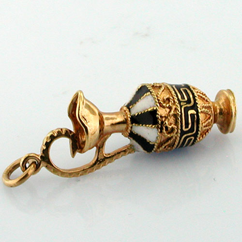 18K Gold Ornate Enamel Greek Design Vase Pitcher Charm Pendant