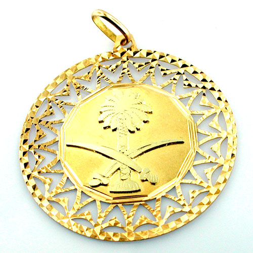 Large 18K Yellow Gold Saudi Arabia National Emblem Palm Tree Swords Pendant 