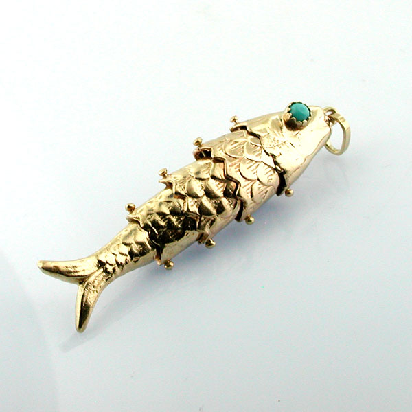14K Gold Jeweled Turquoise Eyes Fish  Movable Vintage Charm Pendant