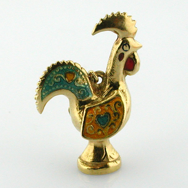 18K Gold Portuguese Rooster Vintage Enamel Charm 