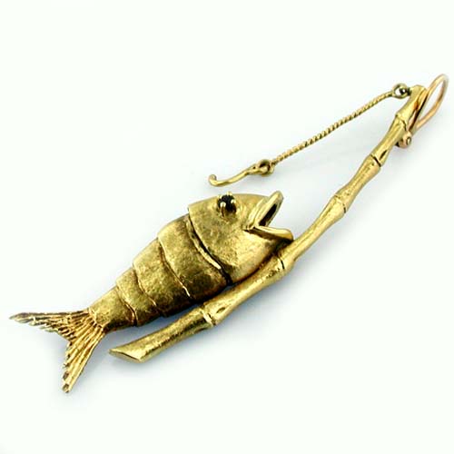 Rare Bamboo Fishing Pole with Movable Fish & Hook Vintage 14k Gold Charm Pendant