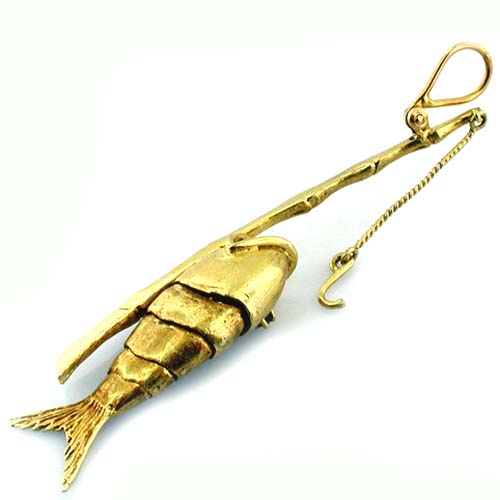 Rare Bamboo Fishing Pole with Movable Fish & Hook Vintage 14k Gold Charm Pendant