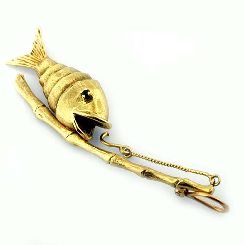 Rare Bamboo Fishing Pole with Movable Fish & Hook Vintage 14k Gold Charm Pendant