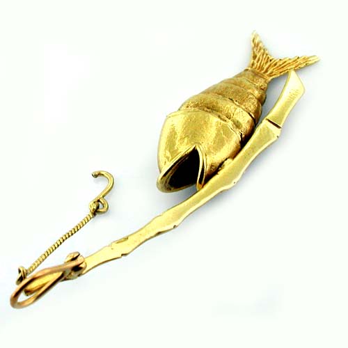 Rare Bamboo Fishing Pole with Movable Fish & Hook Vintage 14k Gold Charm Pendant