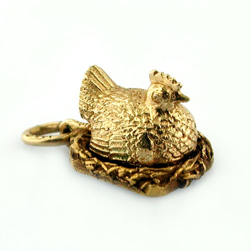 Rare Hen Chicken on Nest Eggs Movable Vintage 14K Gold Charm 