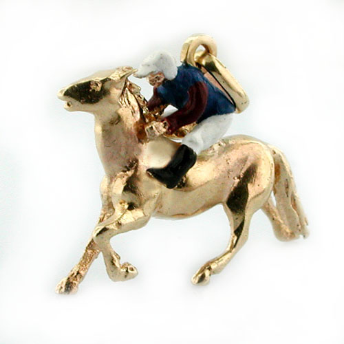 Thoroughbred Horse Race Enameled Jockey Vintage 14k Gold Charm Pendant