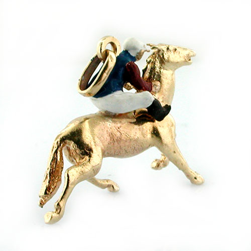 Thoroughbred Horse Race Enameled Jockey Vintage 14k Gold Charm Pendant