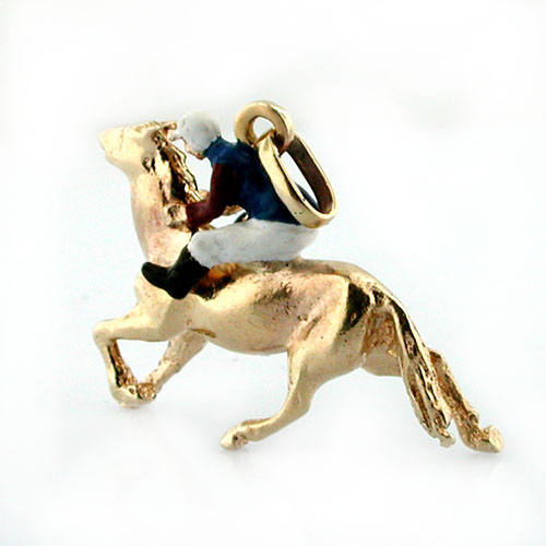 Thoroughbred Horse Race Enameled Jockey Vintage 14k Gold Charm Pendant