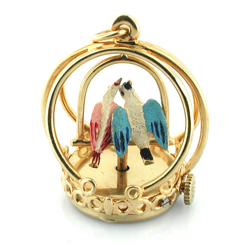 Vintage 14K Gold Spinning Love Birds Dankner Living Charm Mechanical Pendant