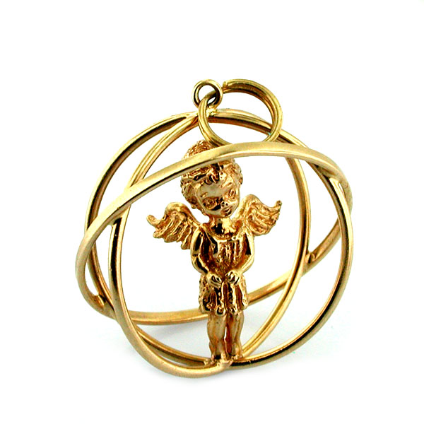 14K Gold Guardian Angel Cherub Vintage Pendant Charm