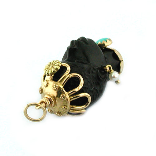 18K Gold Blackamoor Turquoise Pearl Charm Pendant