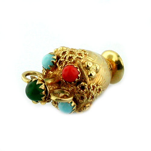 Jeweled Turquoise Coral Vase Vintage 18K Gold Charm 