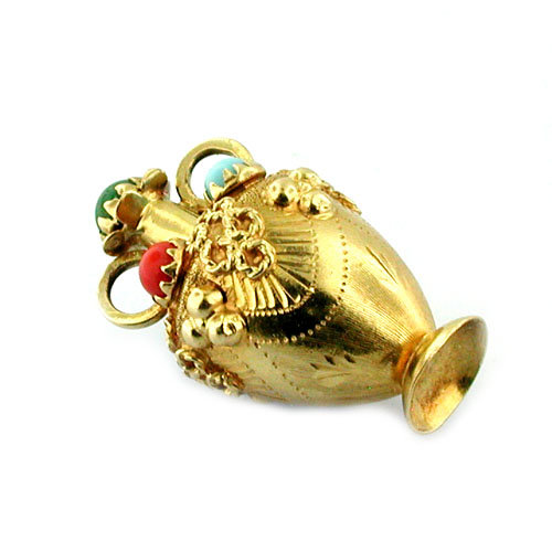 Jeweled Turquoise Coral Vase Vintage 18K Gold Charm 