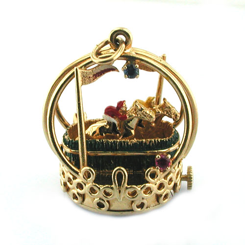14K Gold Dankner Living Charm Mechanical Horse Racing Movable Vintage Pendant