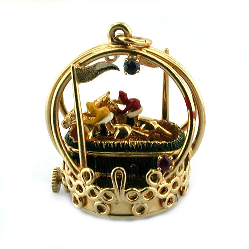 14K Gold Dankner Living Charm Mechanical Horse Racing Movable Vintage Pendant