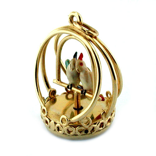 Vintage 14K Gold Spinning Love Birds Dankner Living Charm Mechanical Pendant